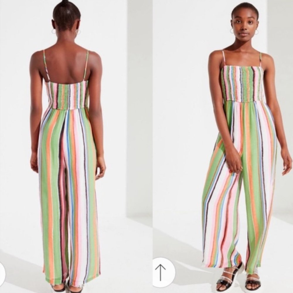 Urban Outfitters Smocked Striped Jumpsuit